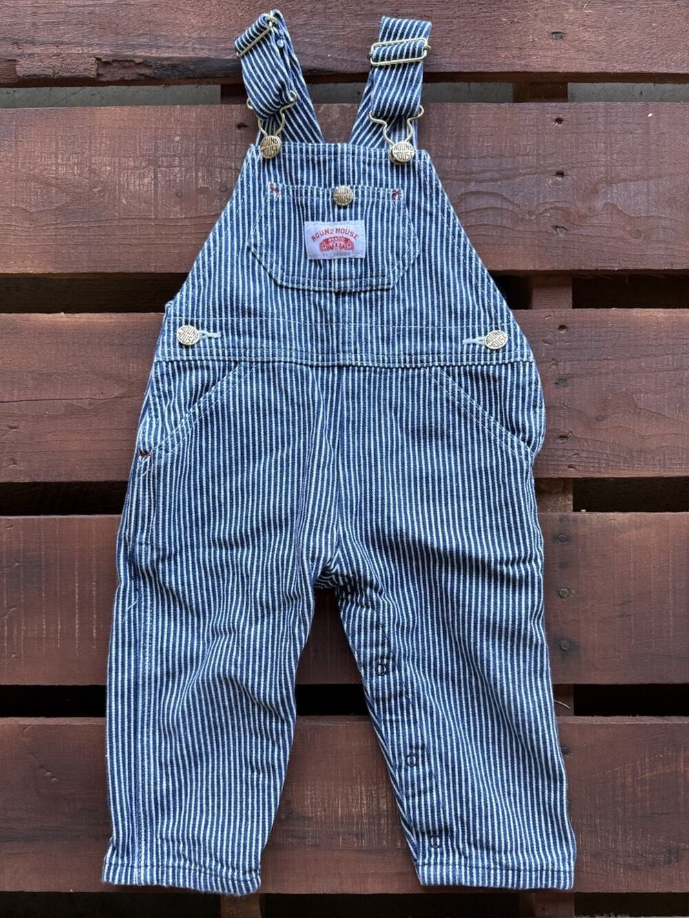 Round House Brand Baby Bib Overalls 24M Hickory Stripe 100% Cotton Brass Hook